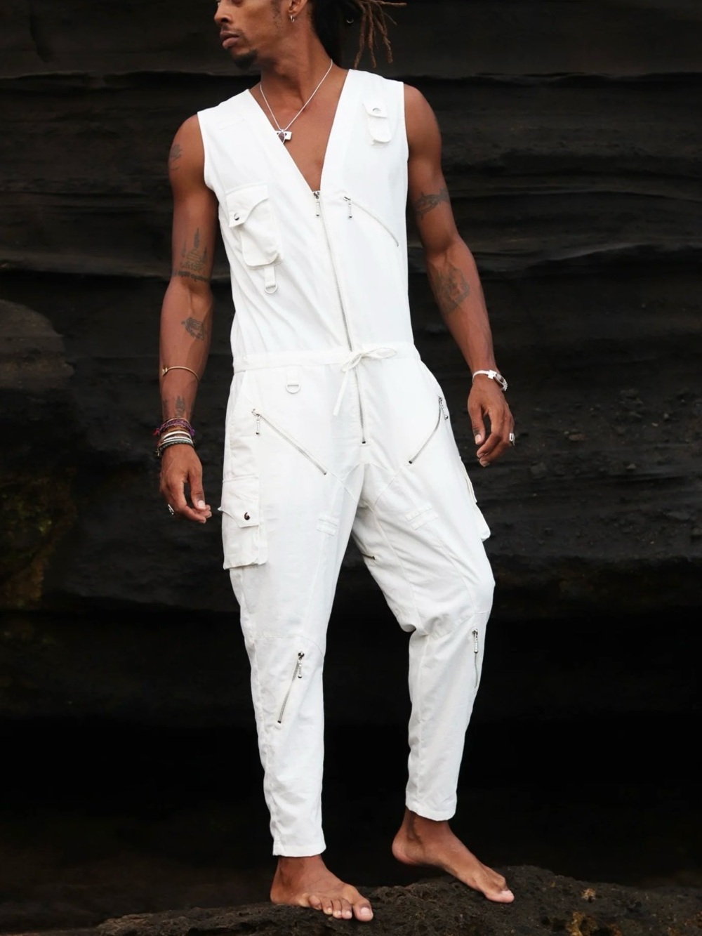 The Unisex Arahant Magi Jumpsuit in white is a sleeveless, drop-crotch design, M - Picture 2 of 11